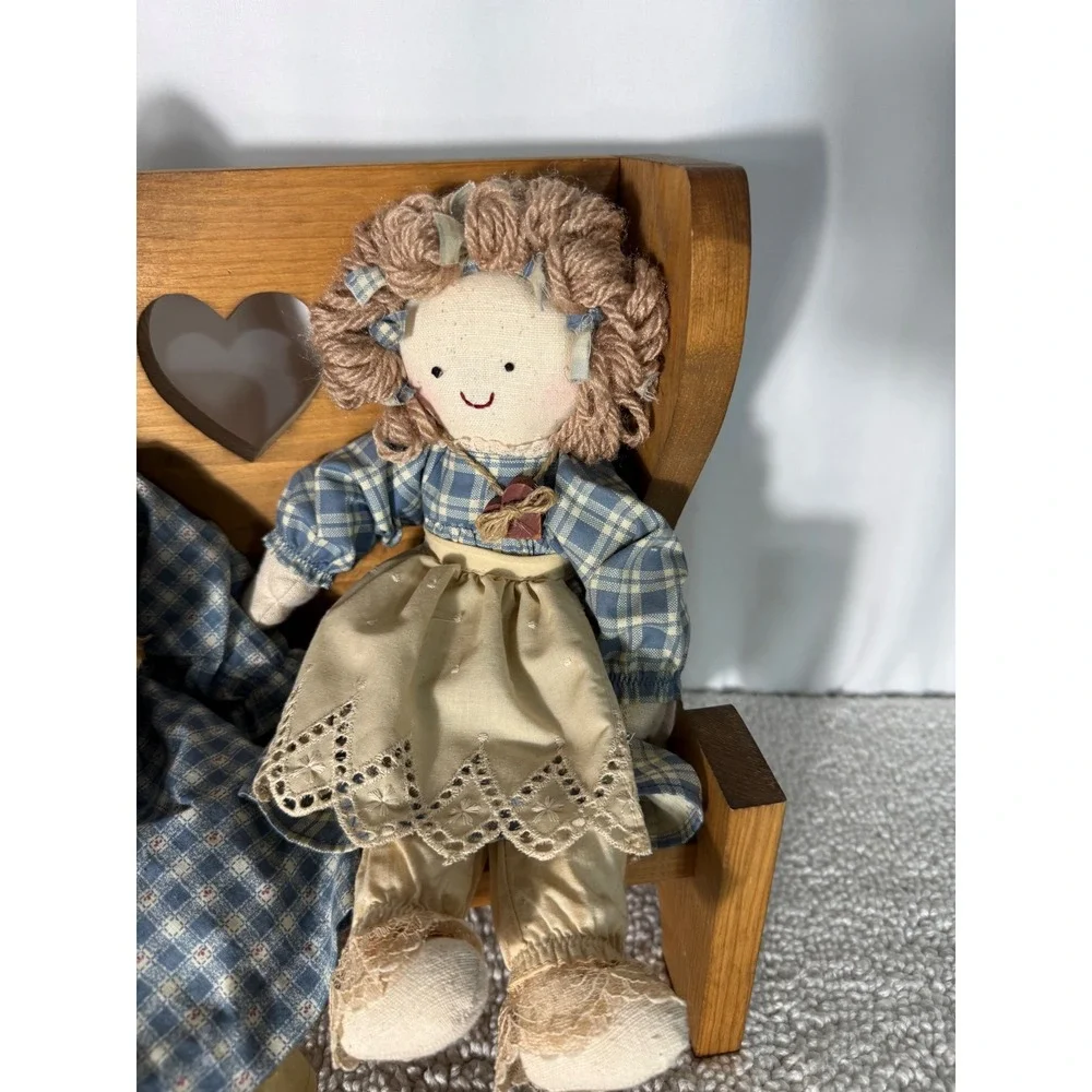 Vintage Rag Doll Set with Wooden Heart Bench Blue Plaid Farmhouse Decor 3pc